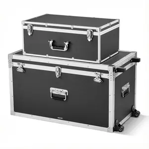 VEVOR Metal Storage Trunk, Summervibes, Set of 2, Wooden Suitcase Storage Boxes with Padlocks, Large Trunk Includes Casters & 3 Metal Handles, Decorative Store Chest with Lids for Travel, Apartment, Dorm, Black