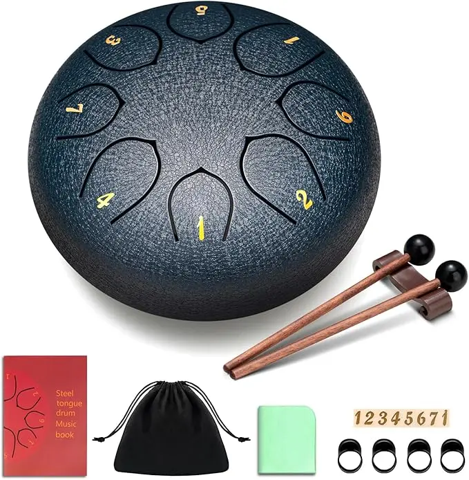 CAHAYA 6" Steel Tongue Drum, 8 Notes Percussion Hand Drum with Music Book, Includes Mallets & Finger Paddles, Carry Bag for Kids