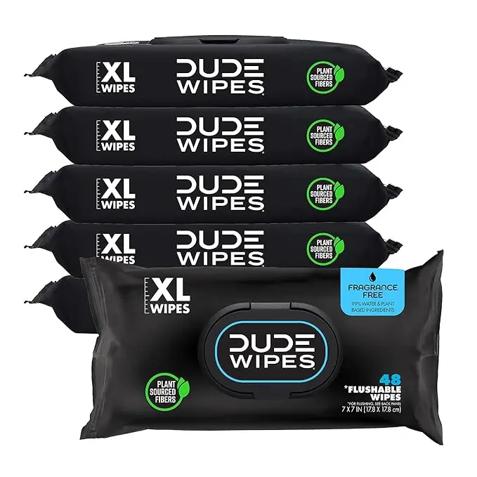 DUDE - Flushable Wipes - 6 Pack, 300 Wipes - Unscented Extra-Large Adult Wet Wipes - Vitamin-E & Aloe - Septic and Sewer Safe Cleaning Napkin Disposable