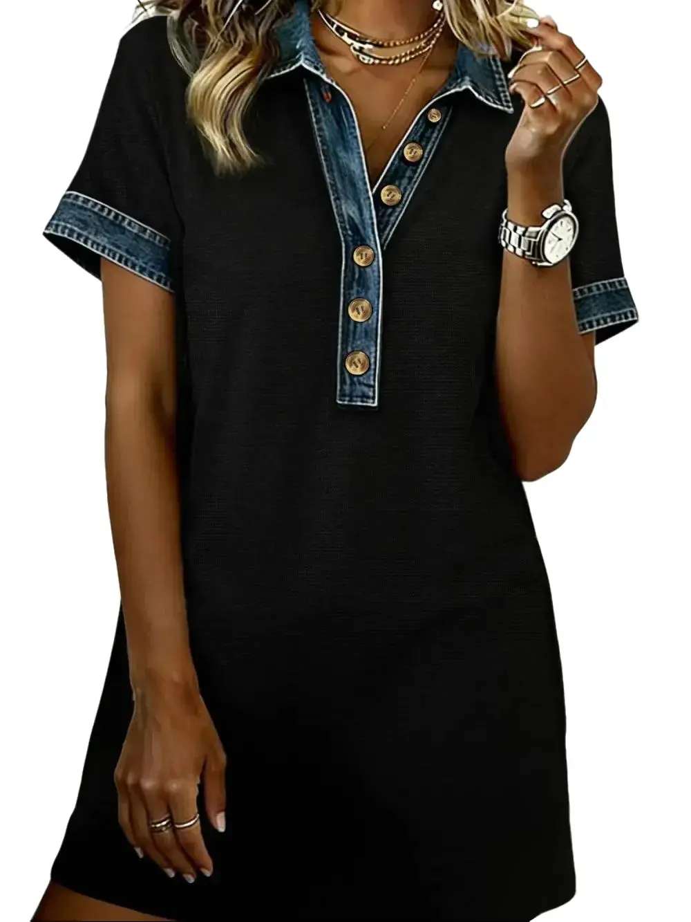 Phefee Women's Chic Collared Polo Mini Dress - Short Sleeve Ribbed Shift Dress with Colorblock Denim Trim, Feminine, Shortsleeve, Polyester, Casual Wear