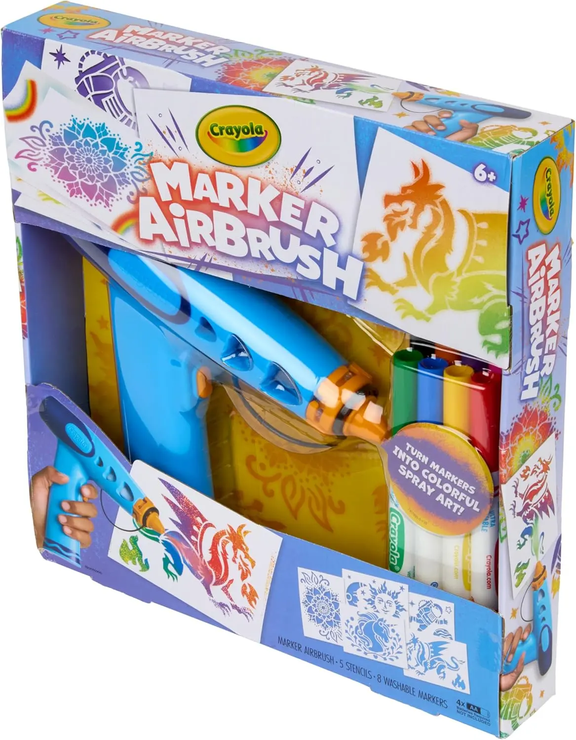 Marker Airbrush Spray Art Kit, Battery-Powered Sprayer with 8 Washable Markers & 5 Stencils, DIY Craft Set, Ages 6+