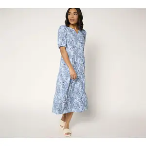 Denim & Co. Regular Linen Blend Puff Sleeve Midi Dress