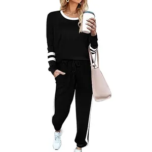 Women 2 Piece Outfits Sweat Long Sleeve Round Neck Pullover Top Pocket Drawstring Pants Set, 2024 Comfor Daily Basic Travel Outdoor Tracksuit