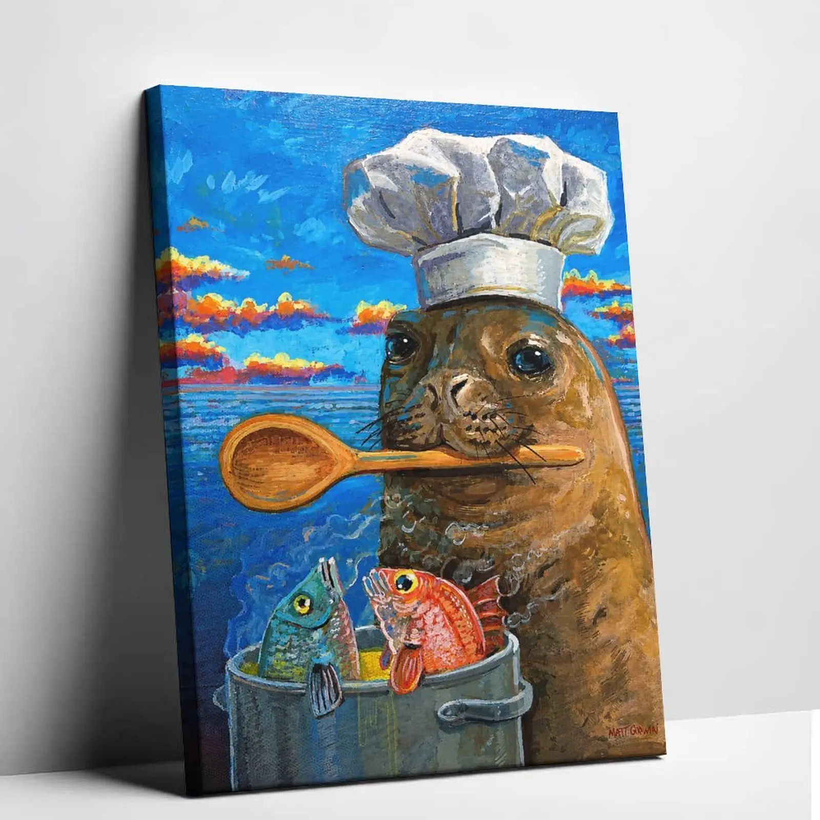 Chef Seal Canvas Wall Art Funny Animal Cooking Poster Impasto Oil Painting Print Aesthetic Kitchen Wall Decor Whimsical Restaurant Dining Room Picture Artwork Home Interior Display