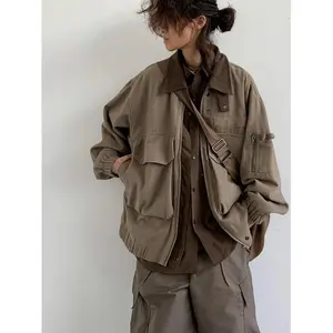 Unisex Japanese Retro Multi-Pocket Lapel Work Jacket & Matching Shirt, Loose Fit Versatile Wasteland Style Outfit for Men & Women