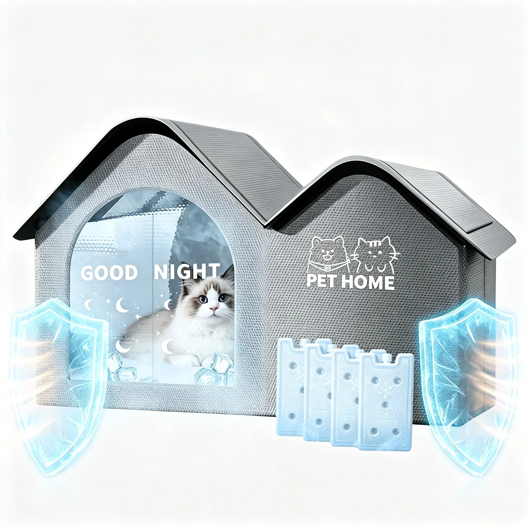 No AC Needed! Thermal Insulated Cat House Foldable Cooling Pet Villa with Ice Boxes, Save Electricity & Prevent Summer Heatstroke for Cats & Small Dogs