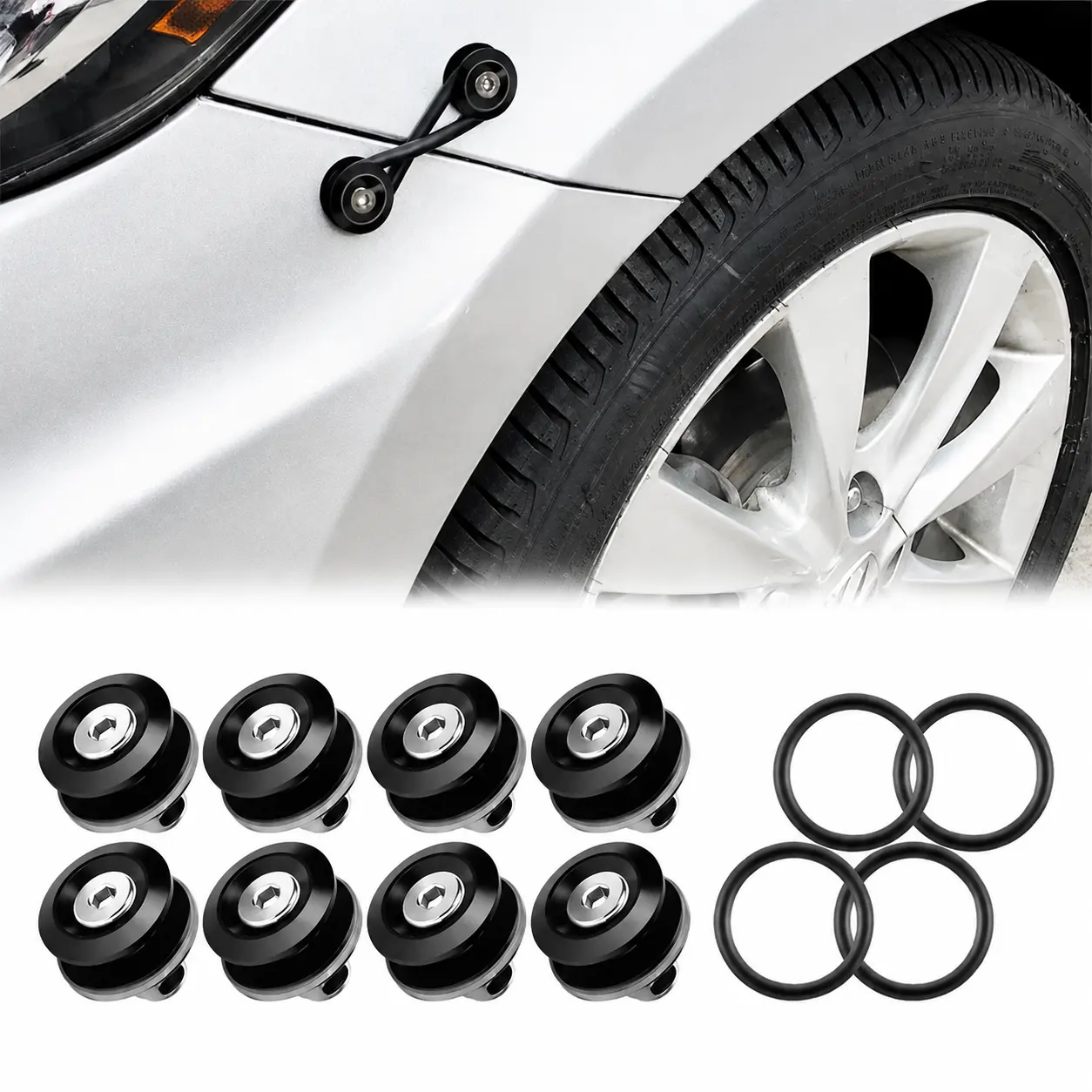 8-Piece Black JDM Bumper Quick Release Fasteners Car Clips Kit, Easy-Install Front & Rear Automotive Body Screws with 4 O-Rings, Car Accessory for Bumper Repair