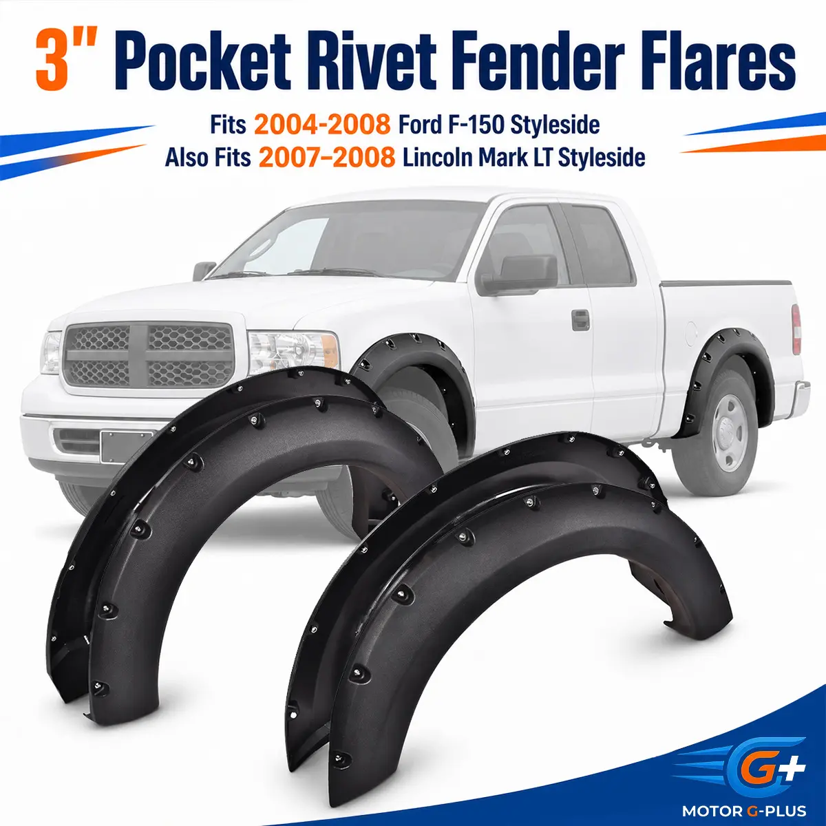 MOTOR GPLUS 3" Textured Black Pocket-Riveted Wheel Fender Flares - UV-Resistant Finish for Outdoor Use, UV Resistant Mud Scratches Defense Off-Road Car Exterior Decoration Accessories, Vehicle Protector for 04-08 Ford F-150 Truck Pickup, Includes