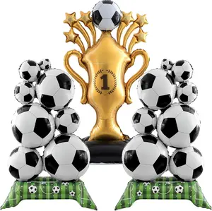 3 Pcs Giant Soccer Party Decoration Set - 59" Gold Trophy Standing Mylar Balloons, Premier League Star Fan Photo Props, Sports Birthday Supplies for Boys