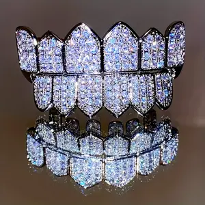 New Men'S Hip Hop Golden Color Plated Teeth Grills Top And Bottom Chilled Grills Dental Cubic Synthetic Zirconia Vampire Grills Teeth Heart Shaped Brackets Oral cosplay brace hop men   belly  rings Custom Punk Hop Teeth Grill Set diamond gold grillz dust
