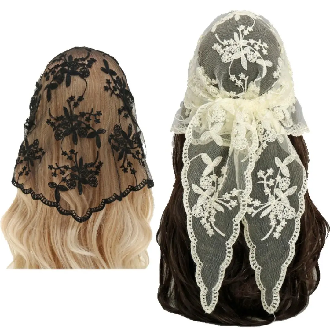 2 Pcs Vintage Lace Triangle Head Veils Set – Embroidered Floral Catholic Church Mass Mantillas & Hair Scarves for Women