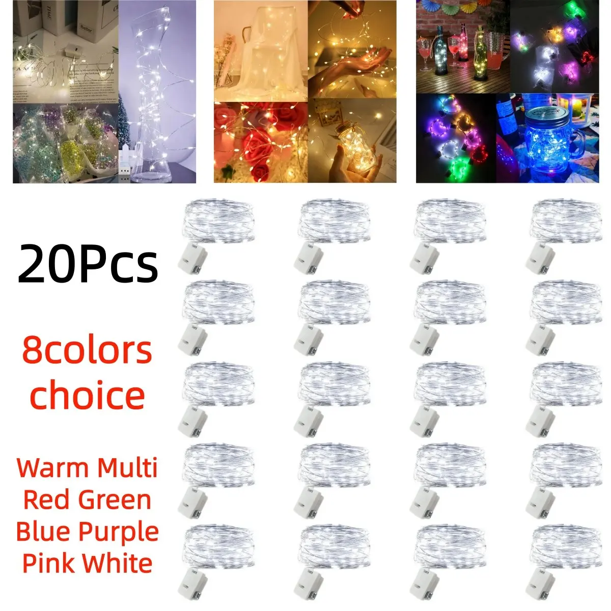 20Pcs Battery Operated Copper Wire LED String Lights 200cm/78Inch/20LED 3Modes Mini Firefly Fairy Lights Warm/Multi/Red/Green/Blue/Pink/ Purple/White Perfect for BOBO balloon, birthday room, camping, flower, party, wedding, Christmas