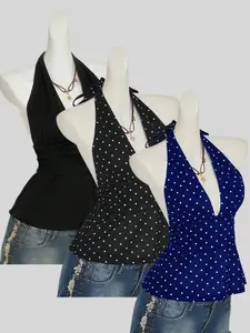 Home Casual V-Neck Polka Dot Backless Tank Top Set, Casual Sleeveless Cami, Fitted Three-Piece, Drawstring Ruched Cami, Perfect for Daily Wear & Leisure Activities