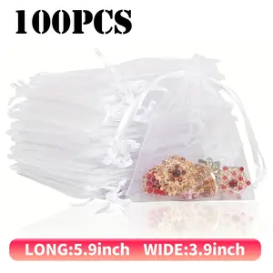 Elegant Organza Drawstring Gift Bags, 100pcs Set, Transparent Zipper Design, Individual Bags Perfect for Weddings & Parties, Solid Colors