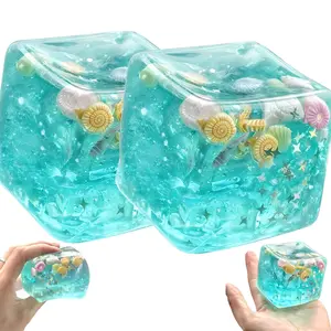 2026 New Fidget Cube Ocean Squishy Toy, Slow Rise Ice Cube Stress Ball with Ocean Shells Inside Sensory Relief Squishy Cube for Adults Teens Classroom Prizes