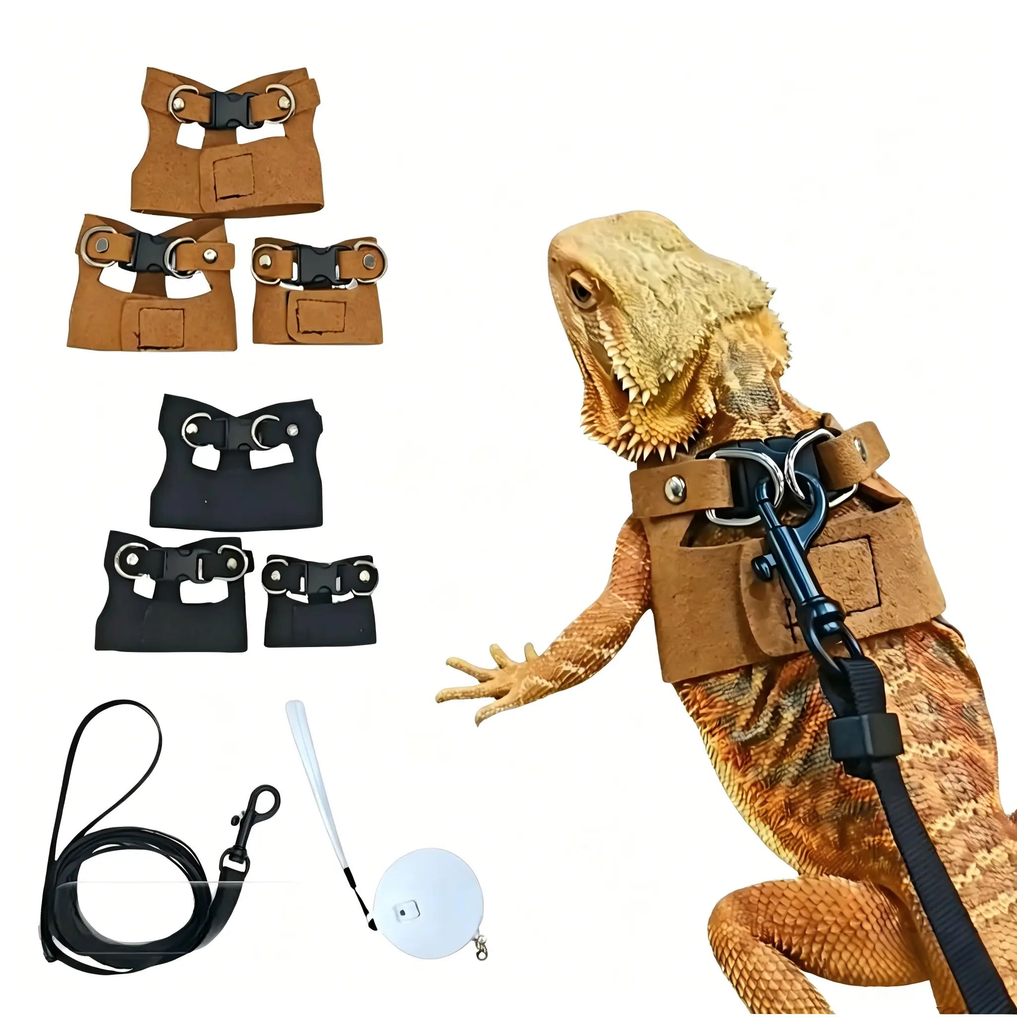 Premium Lizard Leather Stainless Steel Harness-Leash-Chain Set - Adjustable Straw/Bamboo Collars, Harnesses & Leads for Outdoor Reptile Pets, No