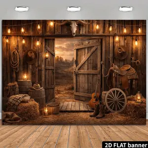 2D Flat Banner 1pc, 2D Western Wild West Party Background, Party Decoration Banner, vintage wooden barn door with cowboy hats, lassos, lanterns, guitars, and hay bales, features a desert sunset, polyester material High Quality Photo St