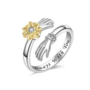 Worry Ring Hand-Hug Sunflower Spinner Ring "Always With You" & "You Are My Sunshine" Inspirational Jewelry for Women Girlfriend Daughter Stress Relief Fidget Ring Gift