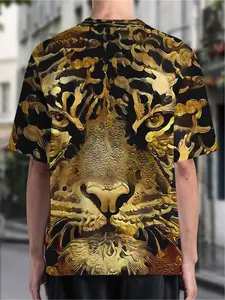 A men's 3D digital-print tiger face T-shirt - made of casual polyester fabric, with a round neckline, elasticated, and a moderate fit - a unique printed T-shirt Crewneck Menswear