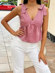 French Coquette Red Gingham Tie Shoulder V-Neck Backless Peplum Top Vintage Y2K Red Gingham Tie Shoulder V-Neck Backless Smocked Crop Top Effortless Chic Red Gingham Tie Shoulder V-Neck Backless Ruffle Cami Top Shirts Casual Feminine Womenswear Blouse