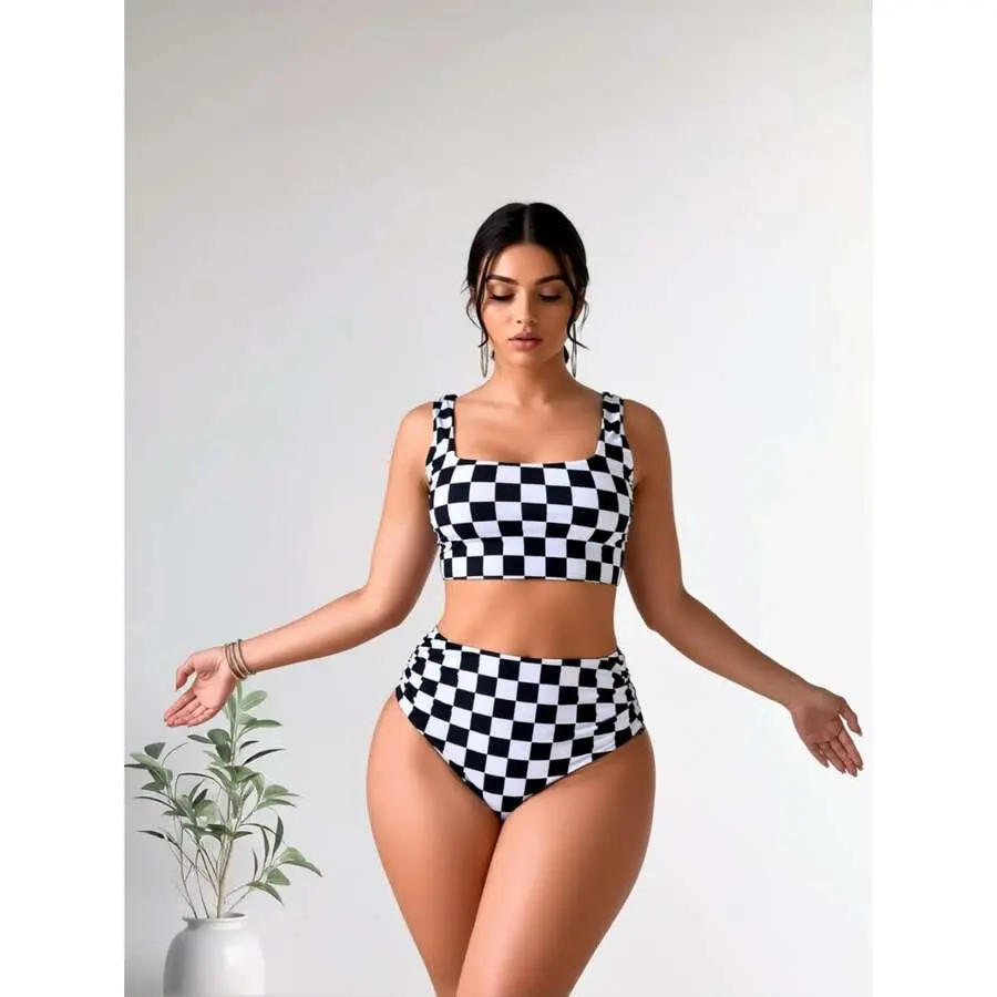 Women's Retro Black and White 2-Piece Checkerboard Color Block Bikini Set - Stretch Soft Blend Square Neck Crop Top, Mid-Rise High-Waisted Fully Lined Shorts for Swimming Surfing