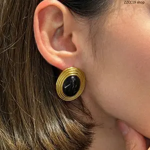 18K Gold Plated Vintage Oval Gemstone Stud Earrings – Hypoallergenic Stainless Steel Earrings | Retro Ridged Frame Earrings for Women Daily & Party Wear