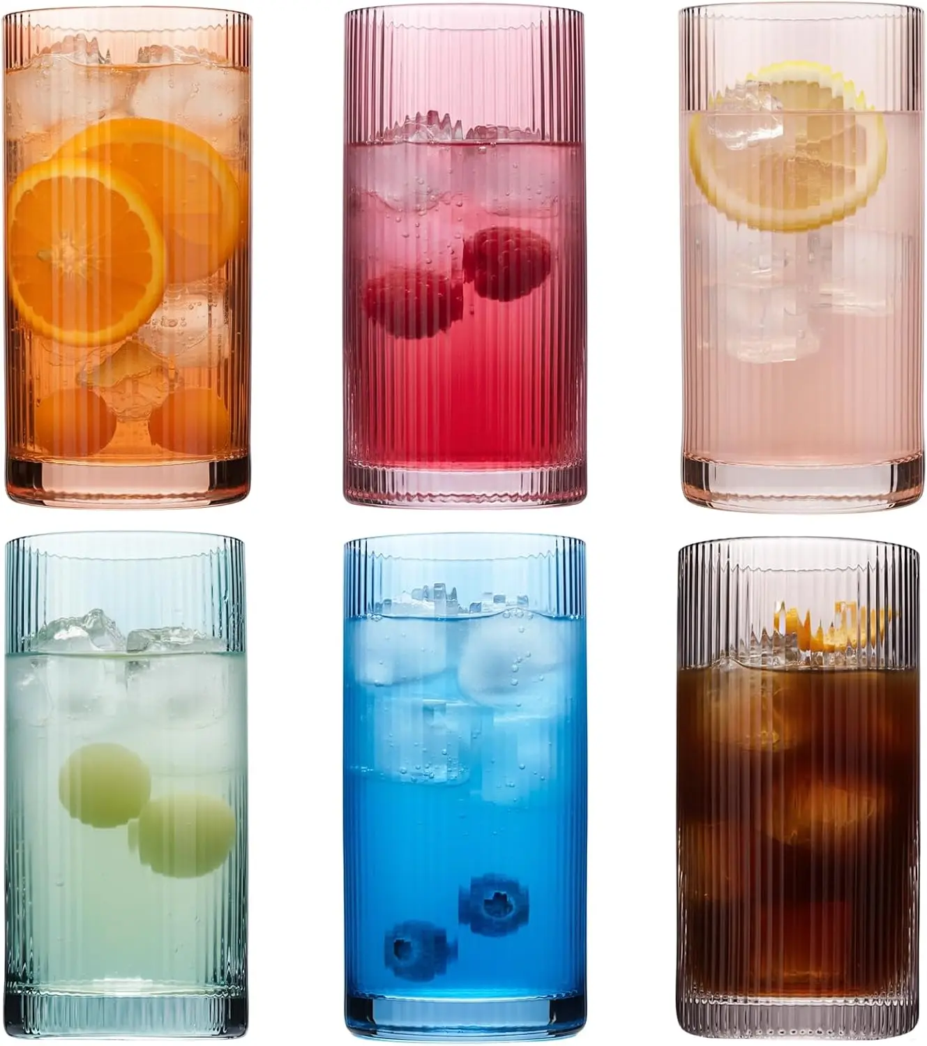 Holiday Party Gift Idea, Physkoa Colored Ribbed Drinking Glasses Set of 6, Vintage Highball Embossed Tumbler Glasses for Cocktail, Juice, Water, Dinner Table & Home Bar Decor