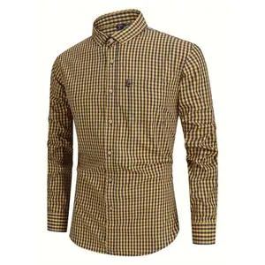 Men’s long-sleeve breathable checkered casual shirt, stylish lapel button-up for city walks, street hanging, and outdoor activities—menswear streetwear checked top