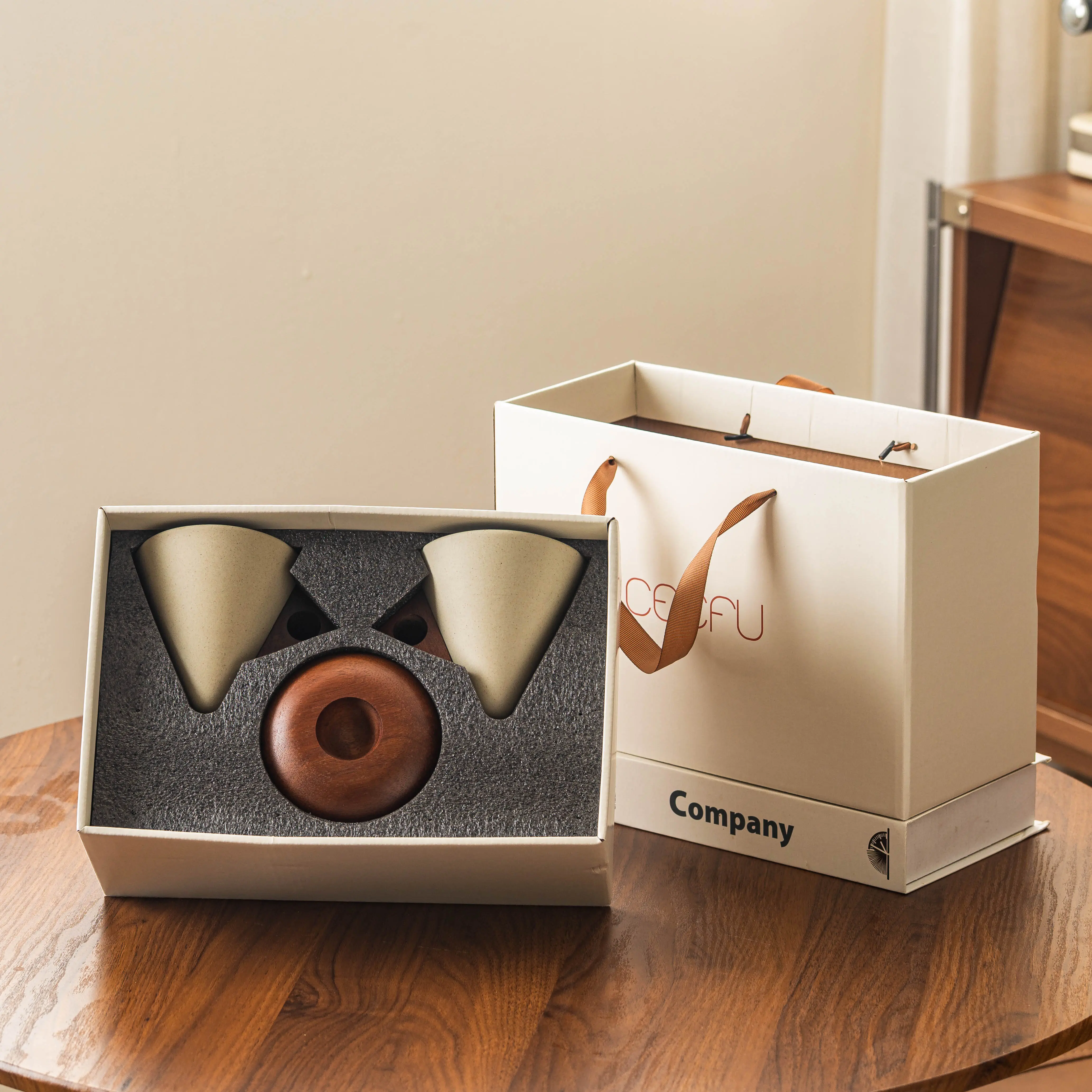 2-Piece Wabi-Sabi Conical Porcelain Coffee Cup Gift Set - Contemporary Matte Ceramic His & Hers Mugs with Wooden Bases, Lift for Sipping, Luxury Boxed for Christmas, Home/Office Use for Coffee Lovers