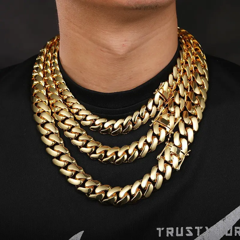 FSTVE 18k gold plated Cuban chain  20mm /22mm/ 25mm trendy butterfly clasp hip hop jewelry gift