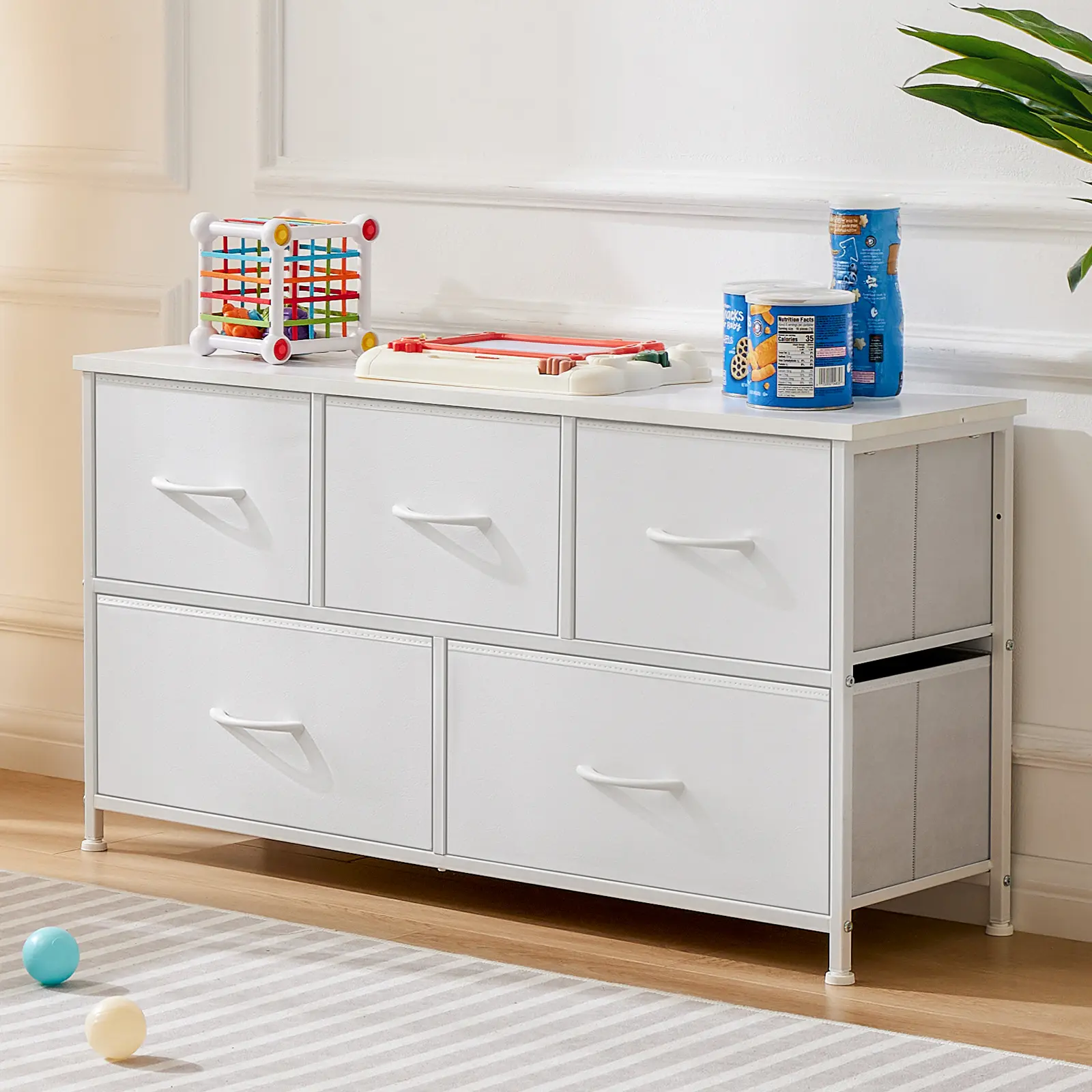 DUMOS 5-Drawer Sturdy Chest of Drawers - Modern Credenza Cabinet with Fabric Bins, Wood Top, Closet Storage, Bedroom Storage, Apartment Stuff, Small Space Furniture Organizer