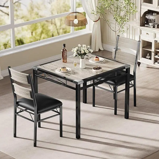 Retro Gray Sturdy Outdoor 2-Piece Dining Set - Without Arms Square Table with Storage, Easy Store, Wood Grain, Corner Guards, Small Size, Stable PU Leather Chairs, Ergonomic Design, Children-Friendly