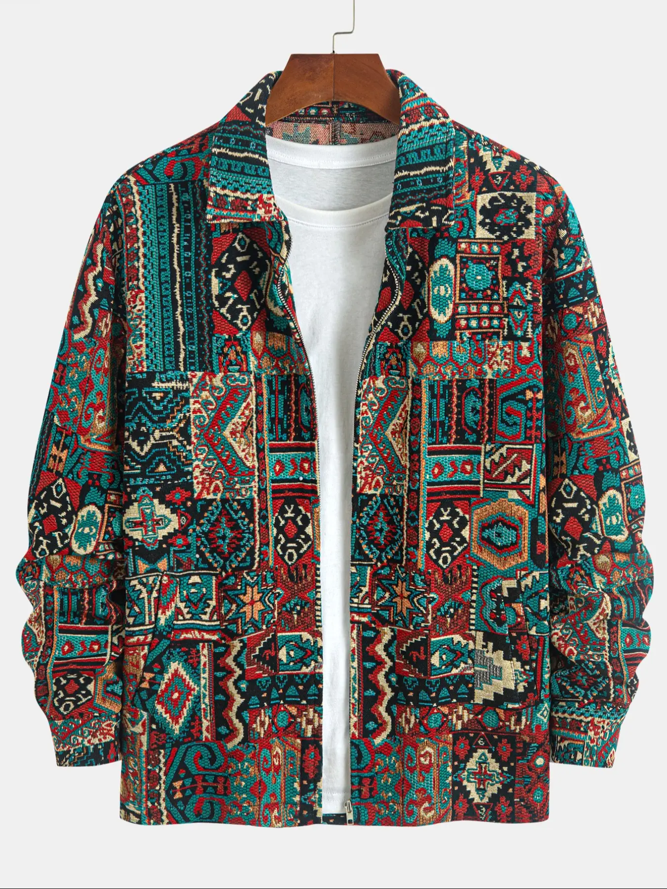 Men's Loose Floral Print Jacket with Pockets, Casual Breathable Zipper Coat for Spring & Fall, Fashion Long Sleeve Design, Floral Jacquard Jacket, Casual Woven Jacket, Loose Jackets