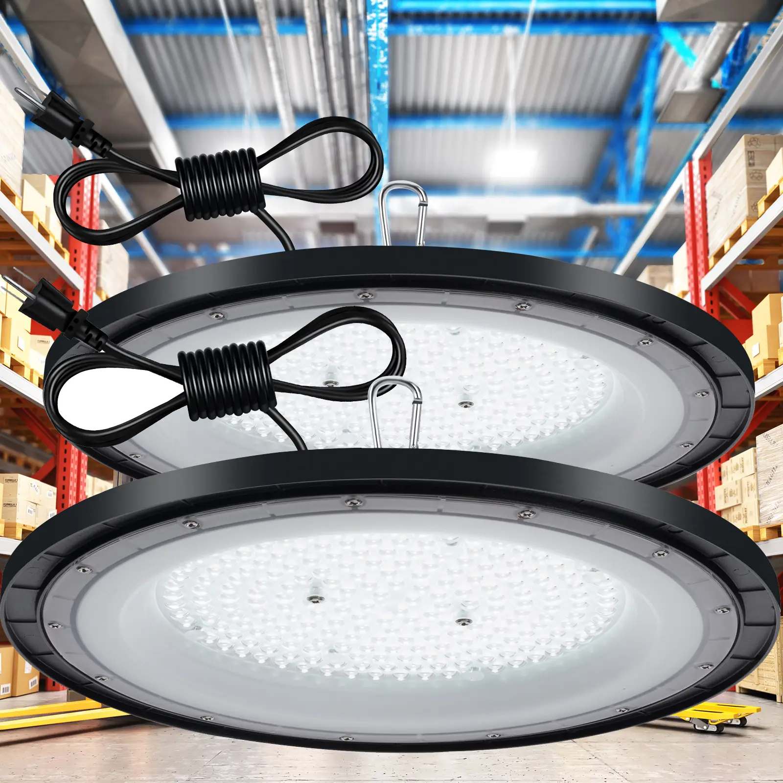2PCS High Bay Led Shop Lights 150W 21,000LM, 6000K Bright White Led High Bay Light (Eqv.600W MH/HPS), Plug in Shop Car Garage Gym Barn Lamp, work ligh