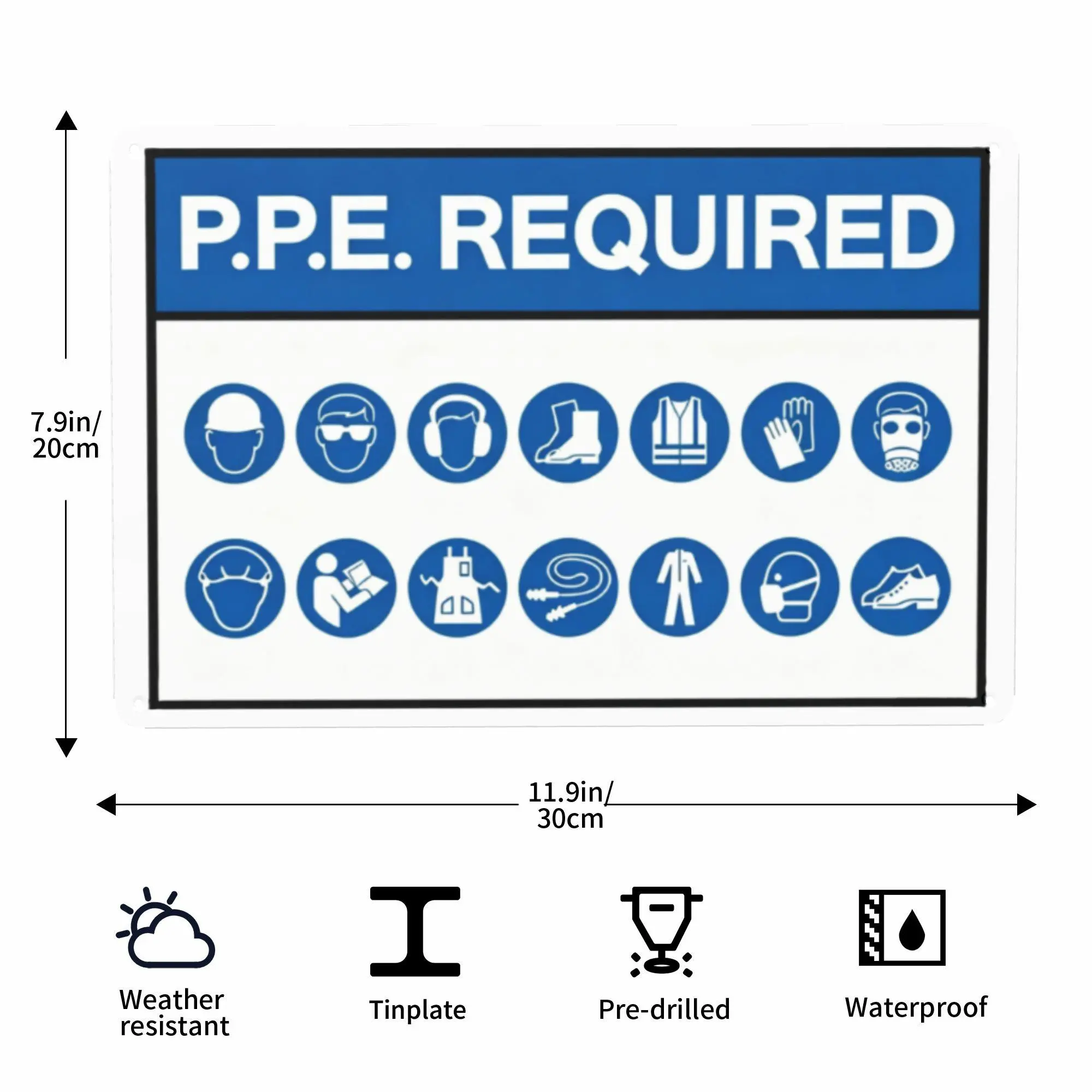 Workplace PPE Required Sign - Weather Resistant Pre-Drilled Metal Plaque, 12x8in Personal Protective Equipment Notice for Construction & Warehouse