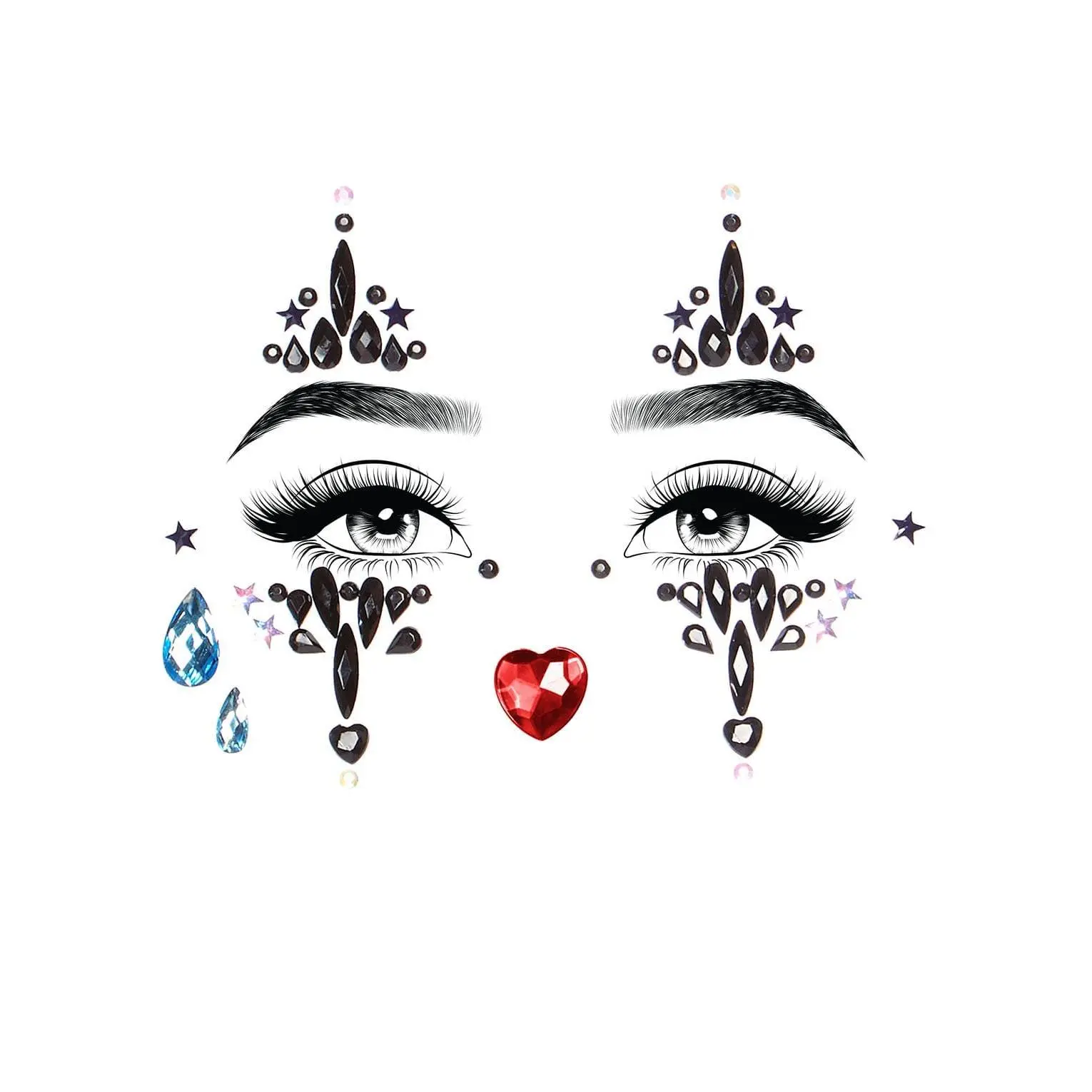 Harlequin Clown Metal Rhinestone Adhesive Stickers - Skin-Safe Reusable Adhesives, Face & Body Accessories for Halloween Party DIY Costume Decorations