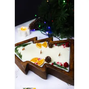Large Christmas Tree Wooden Dough Bowl Scented Candle - Dried Orange Slices Cloves Cinnamon Cranberry Hand Crafted Wooden Candle for Rustic Farmhouse Decor