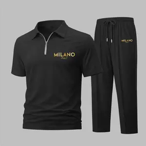 Men's Golden Milano Print Waffle-Knit Polo Shirt Set, Short-Sleeve Zip-Up Collar Top with Matching Athletic Trousers, Casual Sportswear Outfit
