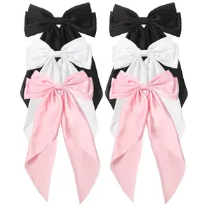 6 count Large Hair Bows Big Bow Hair Barrette Clips for Women Girls, Hair Bowknot with Long Tail  Hair Accessories for Women Black/White/Pink