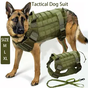 Military Tactical K9 Harness with Nylon Bungee Leash, Working Dog Vest for Training & Running, Fits Medium-Large Breeds Like German Shepherd (Chest 88-114cm, Green)
