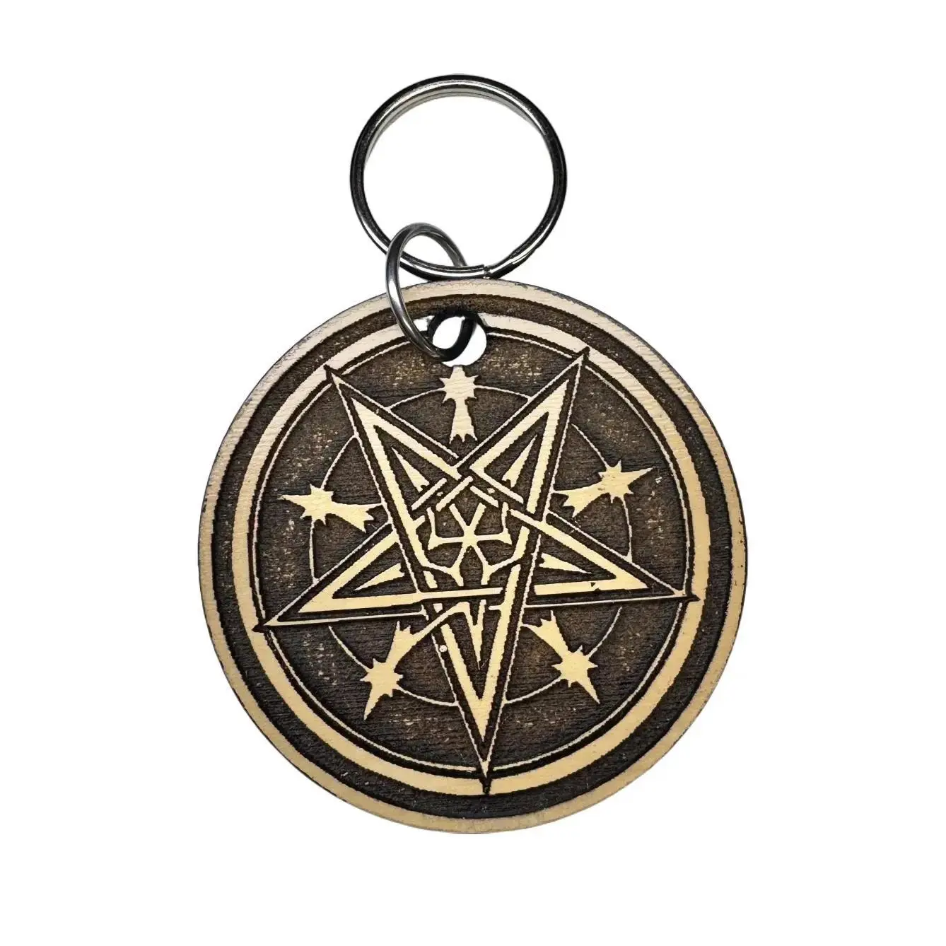 Witchcraft Wood Laminate Keychain, Classic Halloween Round Design with Laser-Engraved Details and Stainless Steel Split Ring for Daily Use, 2-1/4" X 2-1/4" X 1/4"