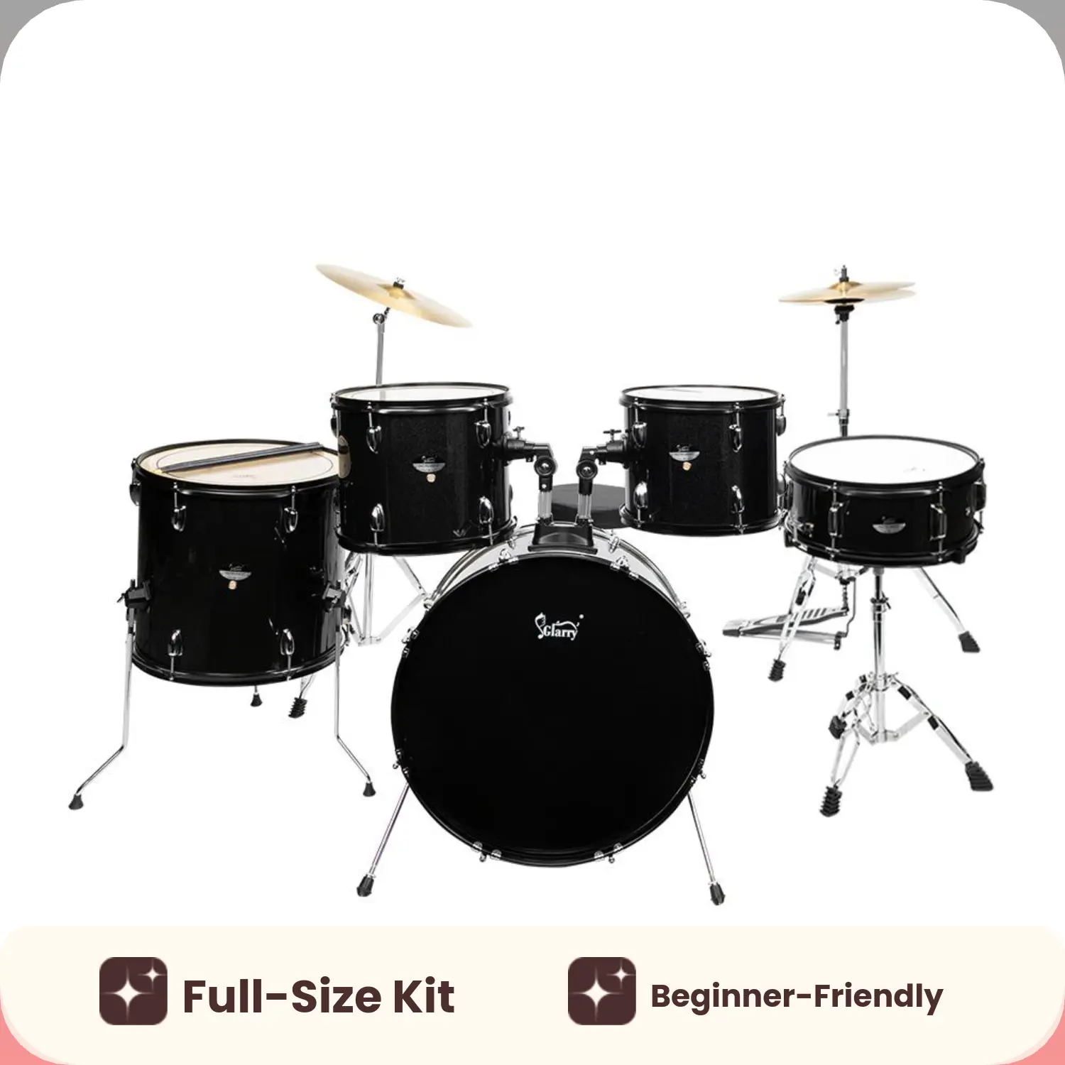 Full Size Adult 5-Piece Black Drums Kit with Bass, 2 Toms, Snare, Floor Tom, 16" Ride Cymbal, 14" Hi-Hat Cymbals, Stool, Pedal, Sticks