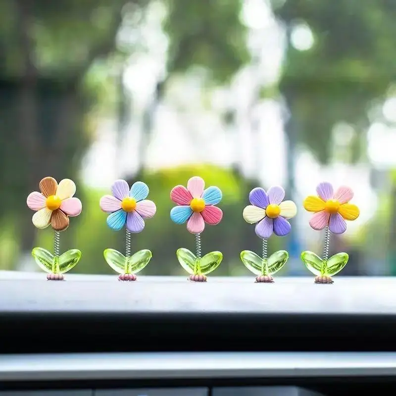 5-Piece Value Set Solar Sunflower Car Decoration Set, TikTok Viral Sunlit Dancing Head Auto Charm, Cute Shaking Head Desk & Car Decor, Aesthetic Center Console Accessory & Gift Idea, Automatic Swinging Design