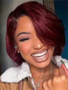 Women's Short Ombre Burgundy Bob Wigs, Straight Wig, Side Part Design, Synthetic Hair for Cosplay & Daily Use