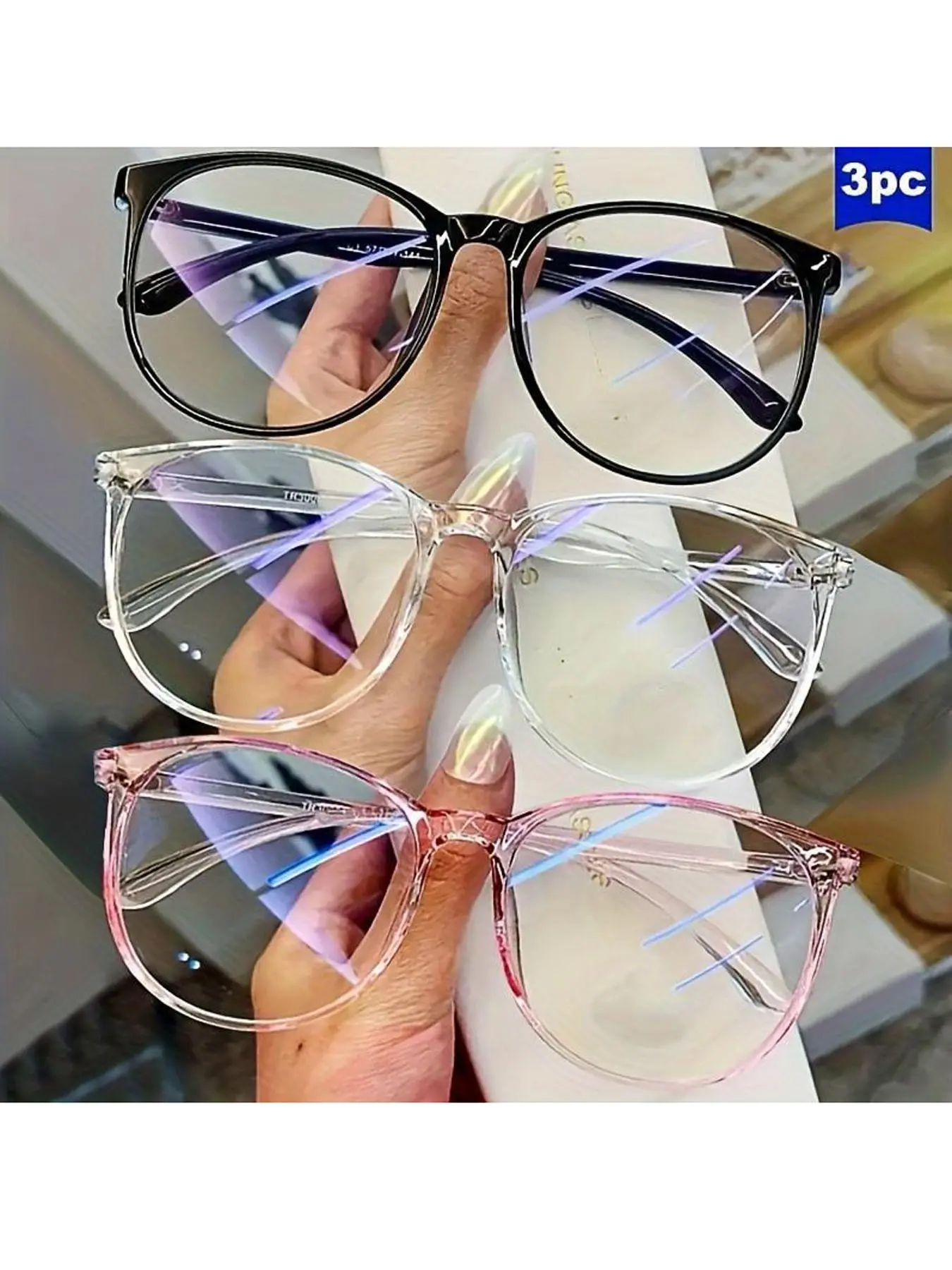 3pcs Clear Glasses for Women, Ultralight Flat Lens Anti-Blue Light, Casual Style, All Seasons, Non-Color Changing, Plain Pattern, Lightweight Glasses