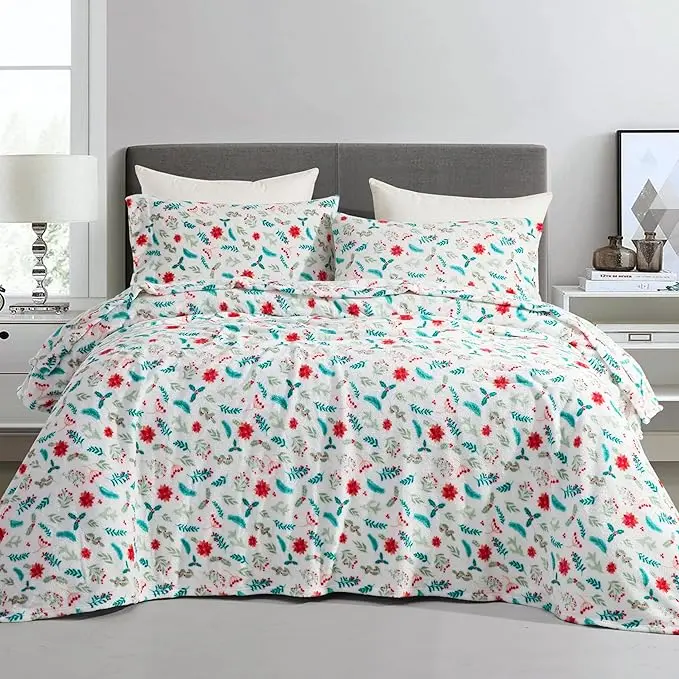 Mocassi 4-Piece Christmas Holiday Velvet Plush Flannel Sheet Set, Hotel Premier Cozy Warmth