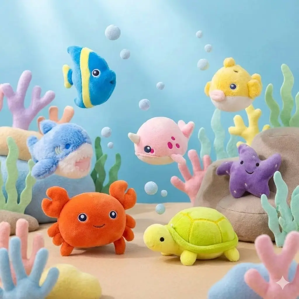 7-Pack Variant A - Classic Ocean Mix Stuffed Animals, Embroidered Facial Details Soft Plush Dolls, Stress-Relief Bulk Gifts for Little Kids, Classroom Rewards