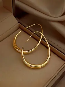 Hypoallergenic Lightweight Teardrop Hoop Earrings for Women - Brass Plated With 18k Real Gold Large Oval Pull Through Hoop Earrings Comfortable To Wear High Polished Statement Jewelry Gift for Women