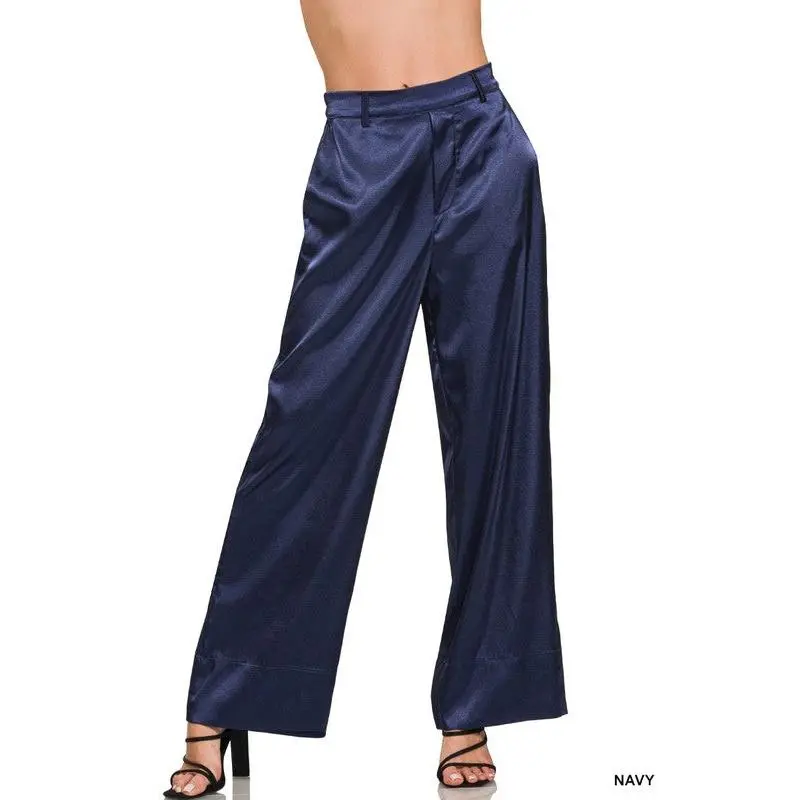 Go Navy Satin Pants Blouse Blue Bottoms Chic Wide-Leg Navy Blue Satin Pants for Everyday & Evening Wear Elegant Womenswear Basic Statement Fashion