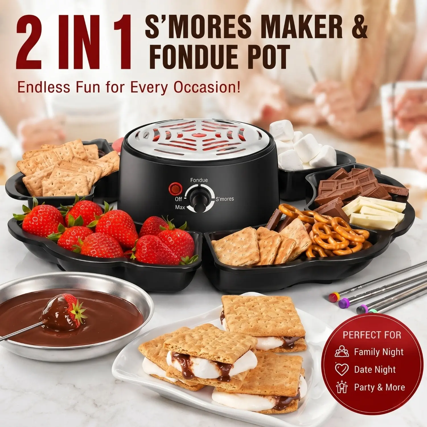2 in 1 Electric S’mores Maker & Fondue Pot, Tabletop Indoor Smores kit with 4 Roasting Forks, 4 Detachable Trays & 1 Flameless Temperature-controlled Heater, Movie Night Supplies & Housewarming Gifts